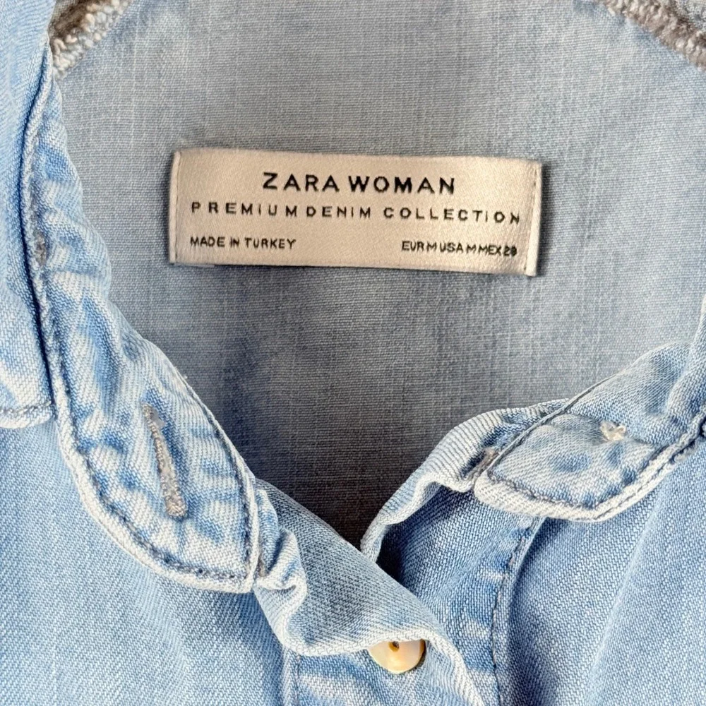 Zara Ruffle Denim Top Womens Medium Blue Oversized Boho Coastal Cape Blouse